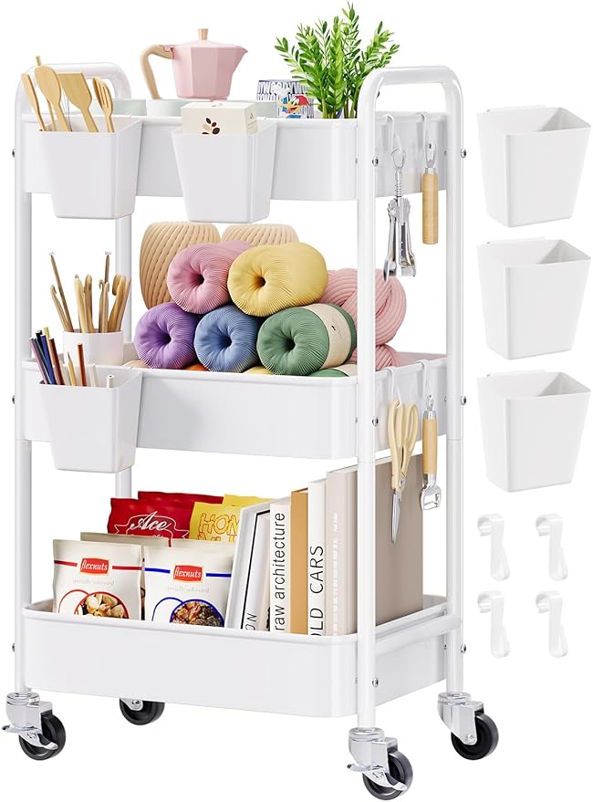 3 Tier Rolling Cart Metal with Wheels, White Three Tiered Craft Cart Organizer on Wheels, Storage Utility Carts for Art, Baby Nursery,Diaper Caddy, Cleaning Supplies, Nail,Lash,Snack,Book,Roller Shelf