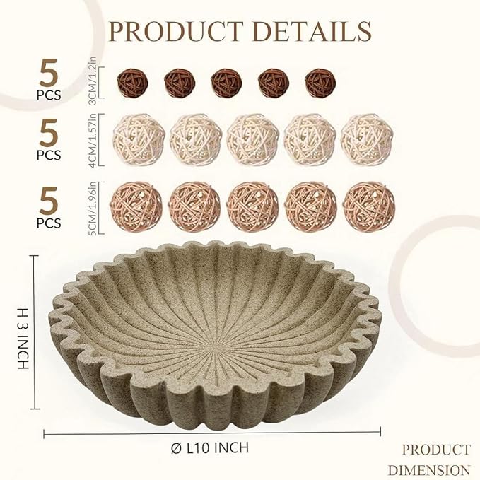 Large Modern Ruffle Bowls,Sandstone Decorative Catch All Bowl for Kitchen Counter and Entryway Table, Handcrafted Fruit Bowls and Key Bowl for Home Decor