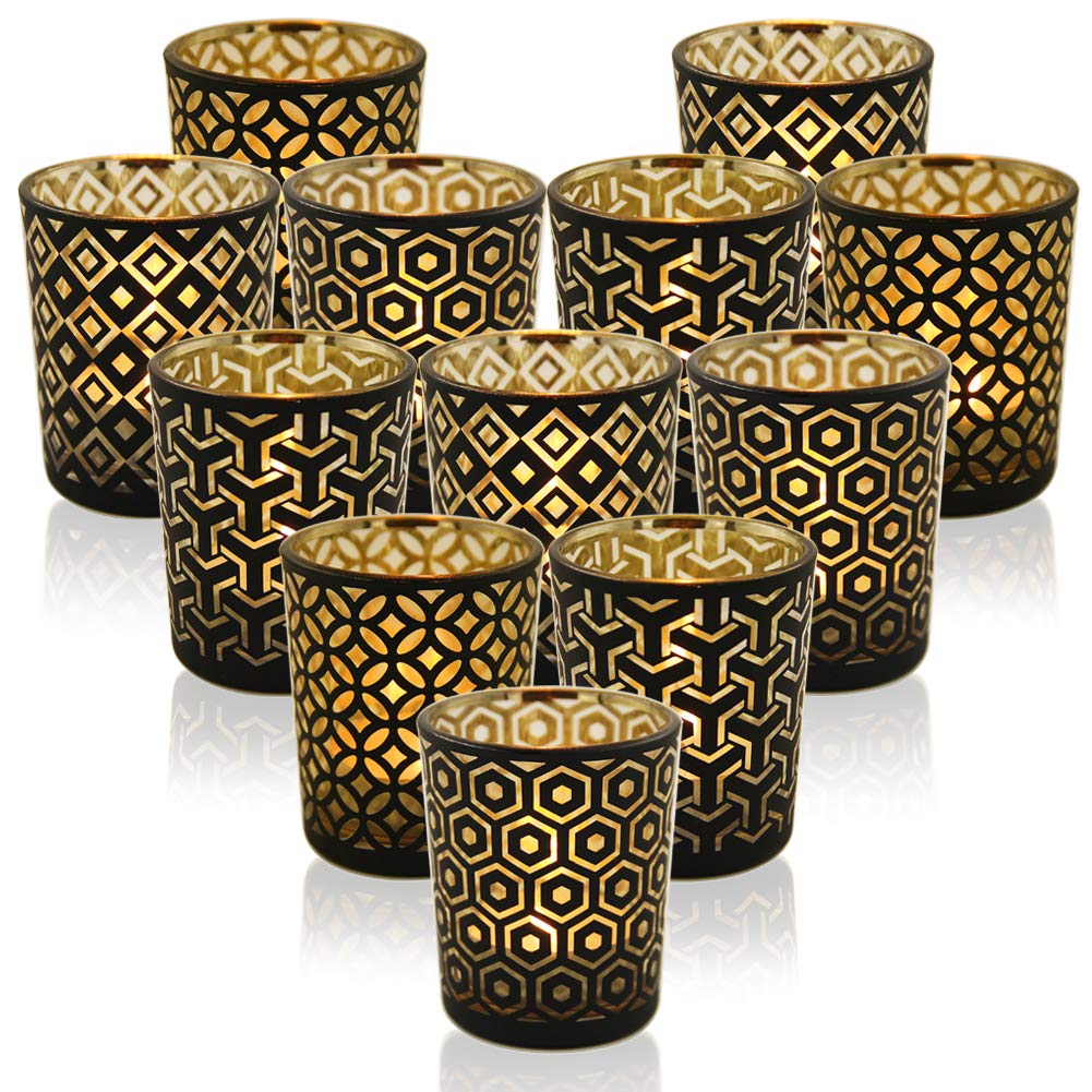 SHMILMH Black Gold Glass Votive Candle Holders Set of 12, Tealight Candle Holder with 4 Patterns for Ramadan Decorations, Eid Mubarak, Wedding Centerpiece, Modern Home Table Decor, Gift Set