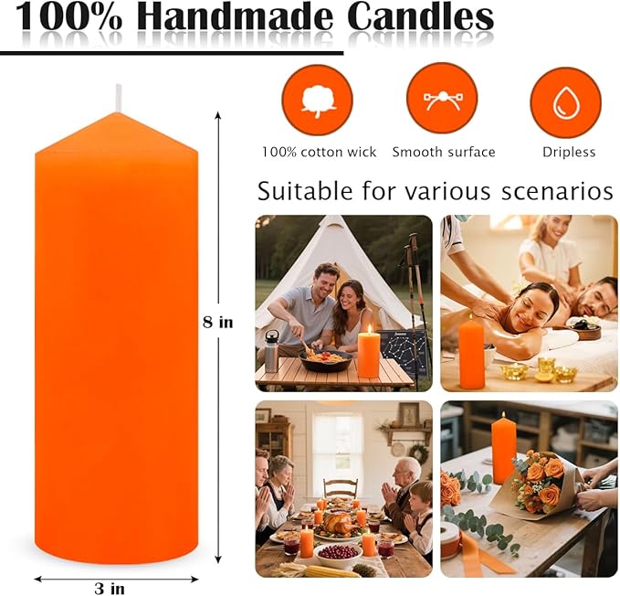 Set of 2 3x8 Inch Orange Pillar Candles, Dripless Unscented Solid Fall Colored Cylinder Column Tall Candles for Thanksgiving Day Home Table Emergency Power Outages - 90 Hour Burn Time