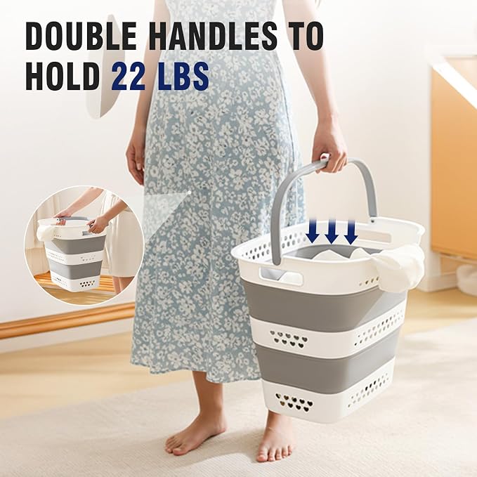 Collapsible Plastic Laundry Basket Hamper with Handles, Large 42L Portable Rubber Clothes Basket, Pop Up Storage Container/Organizer for Washing & Storage, Grey