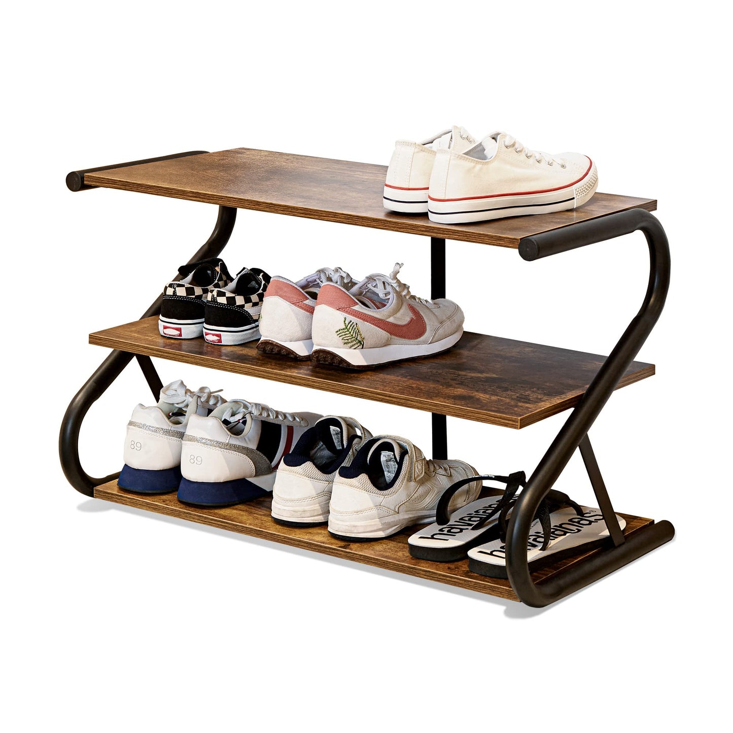 Aroktake 3-Tier Shoe Rack, Wooden Shoe Storage with S Shape Heavy Duty Metal Free Standing, Shoe Organizer Shelf for Entryway, Living Room, Closet, Bedroom (Rustic)