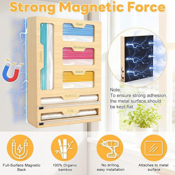 Magnetic Storage Bag Organizer 6 In 1 Ziplock Bag Organizer for Fridge and Drawer, Foil and Plastic Wrap Organizers with Cutter, Food Storage Bags Organizers for Gallon Quart Sandwich Snack