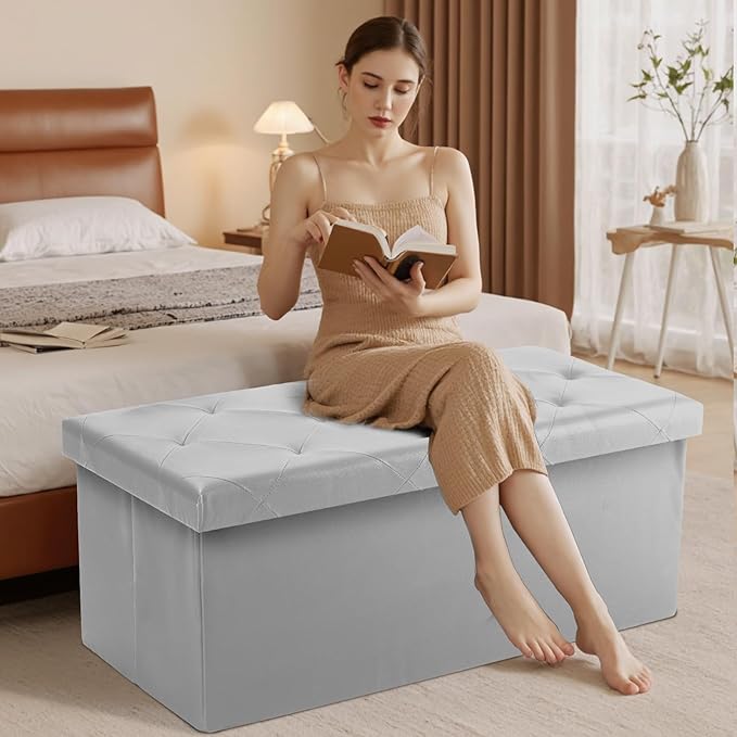 Sweetcrispy 43 Inches Folding Ottoman with Storage Bench, Foot Rest Stool, End of Bed Storage Bench Upholstered, Load 660 lbs, for Living Room, Synthetic Leather, Grey