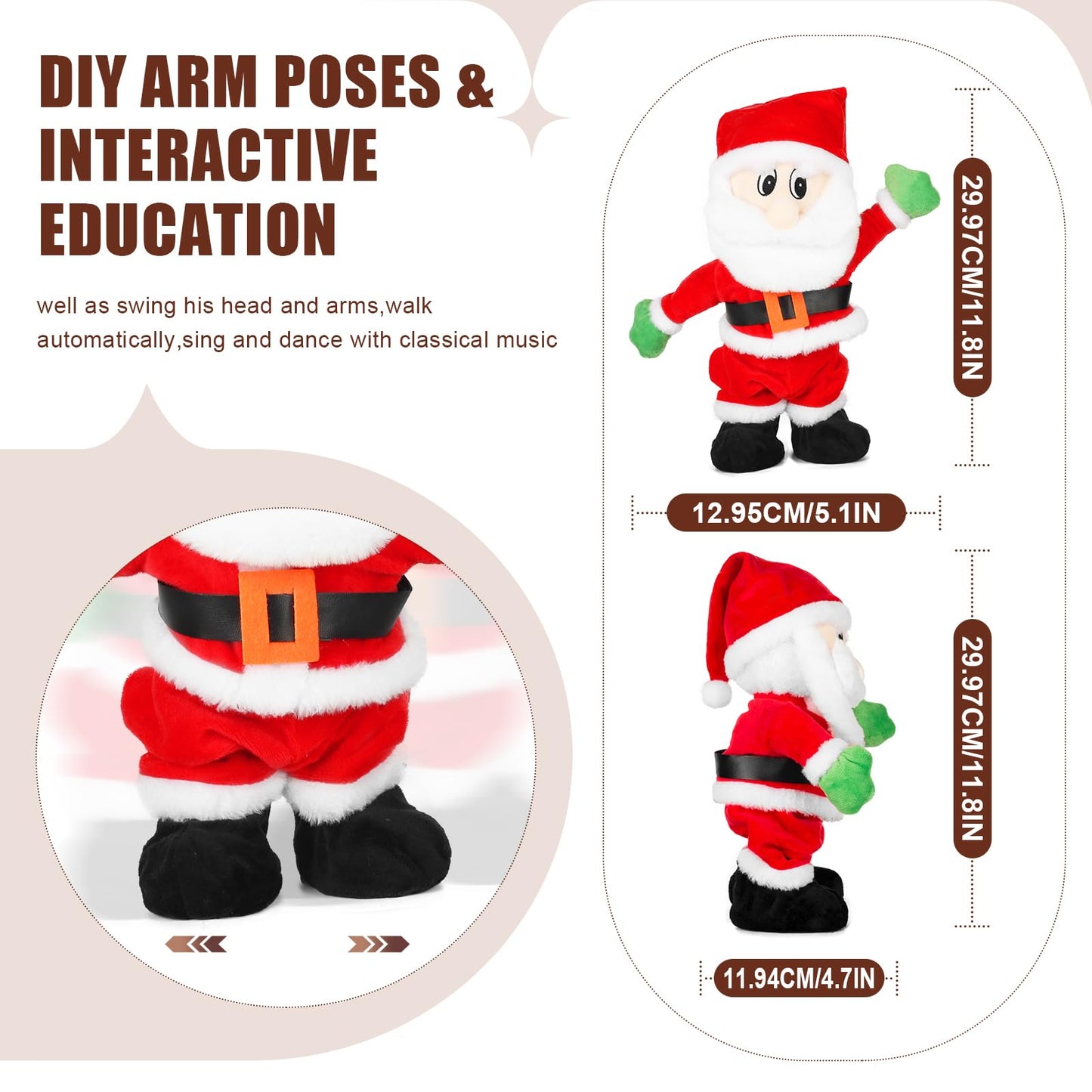 SdeNow Musical Dancing Santa Claus Plush Toy Animated Singing Walking Santa Doll Funny Wiggling Christmas Stuffed Santa Holiday Decoration Xmas Gift for Kids Family