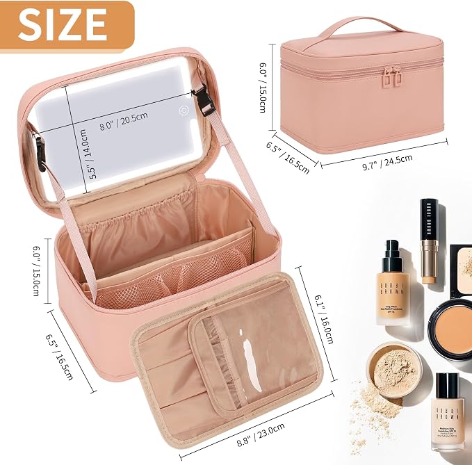 Makeup Bag With LED Mirror, Lightweight Travel Makeup Bag With 3 Color Setting Light Up Mirror Cosmetic Organizer Vanity Case for Women Beauty Tools Accessories Rechargeable Makeup Train Case-Pink