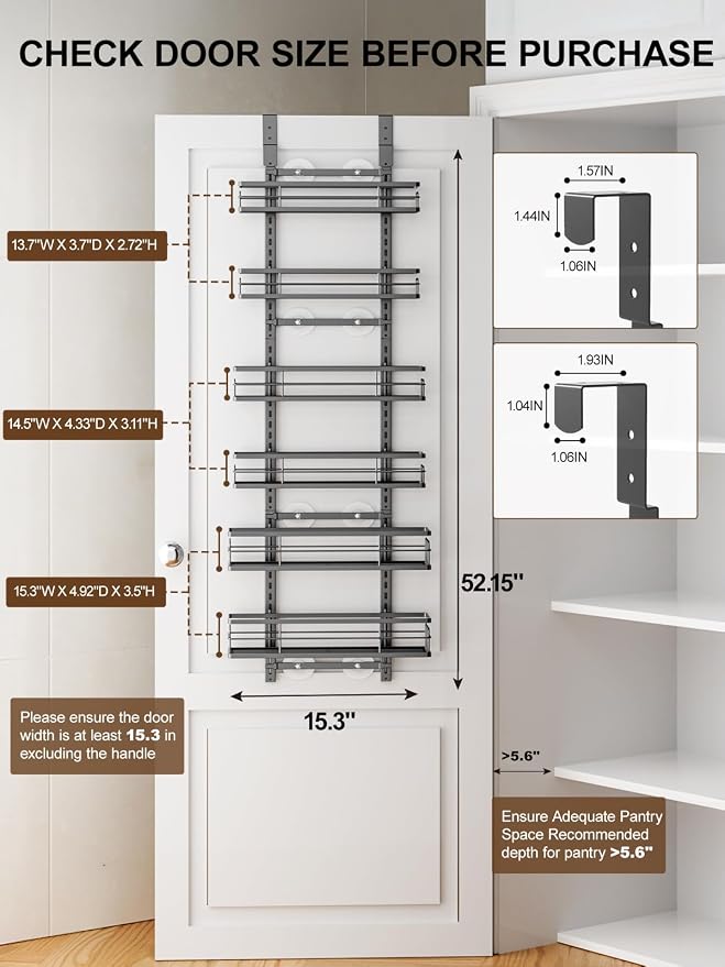 Delamu Over the Door Pantry Organizer, 6 Tier Pantry Door Organizer with Adjustable Basket, Door Spice Rack Seasoning Organizer, Metal Hanging Pantry Organizers and Storage for Kitchen,15.3" Black