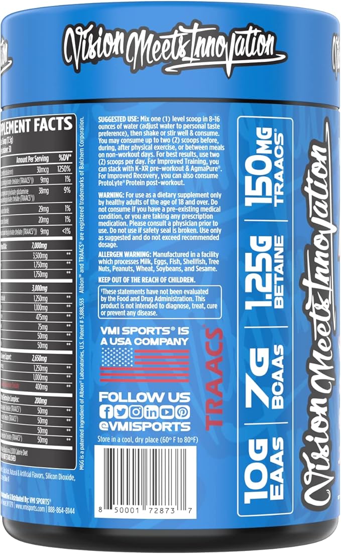VMI Sports Aminogex Ultra | BCAA Powder | Amino Acids + Betaine and Glutamine | Amino Acid Post Workout Recovery Drink | Intra Workout Drink with Electrolytes | (30 Servings) (Patriot Pop)