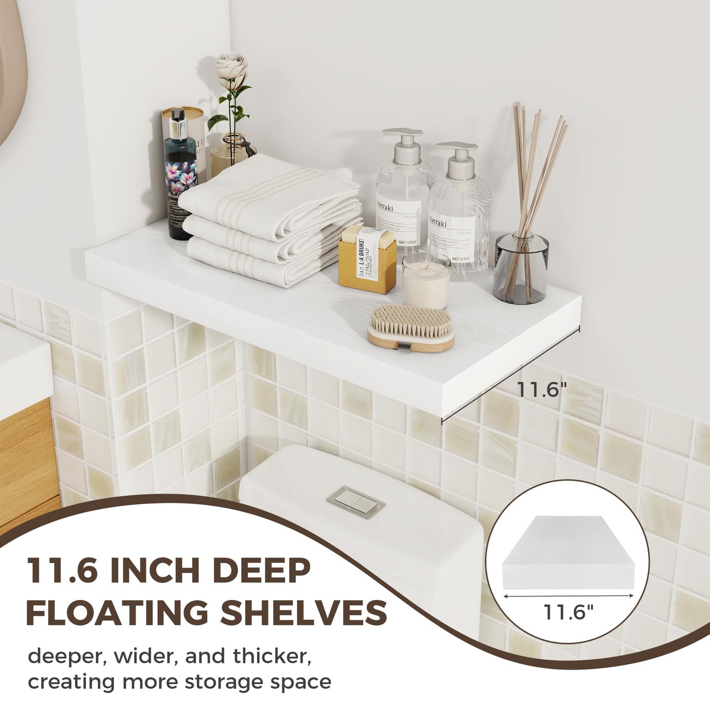 Fun Memories 24 x 12 Inch Deep Floating Shelves, 12 Inch Deep Rustic Wooden Book Shelf, Extra Deeper & Thicker Hanging Shelves for Living Room, Bathroom, Bedroom, Kitchen, Office, Set of 3 (White)