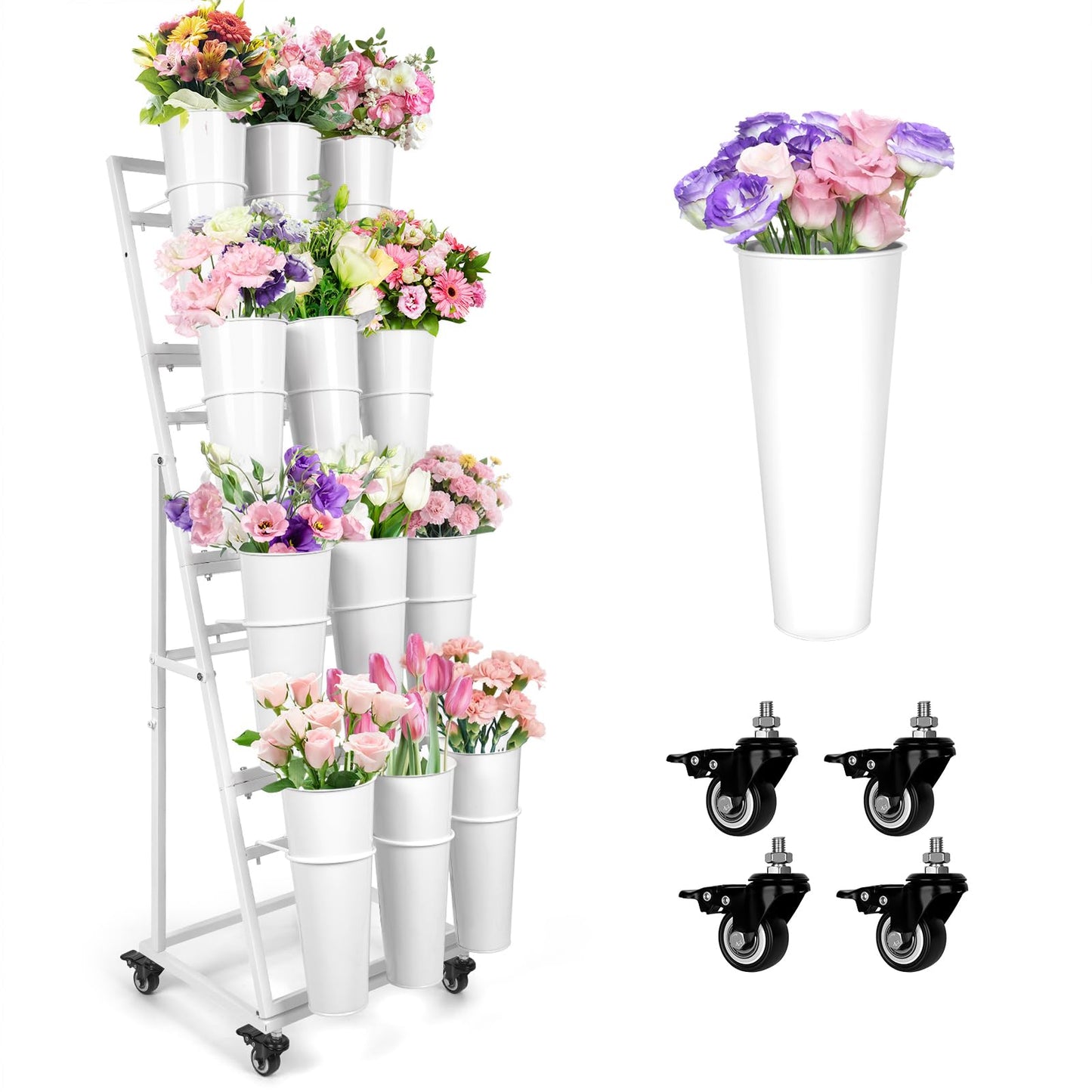 ZpigToor Flower Display Stand With 12 Buckets,4-Tier Flower Bar with Wheels,Flower Cart Display Stand for Florist Garden Wedding Home Decor (White)