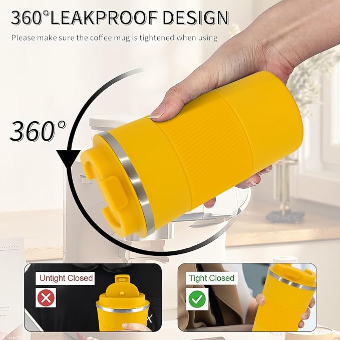 YINBAOGE Insulated Travel Coffee Mug, Spill & Leak Proof, Portable To Go Camping Stainless Steel Coffee Tumbler, Reusable Thermal Coffee Cup with Lid for Hot & Cold Drinks (Yellow, 17 OZ)