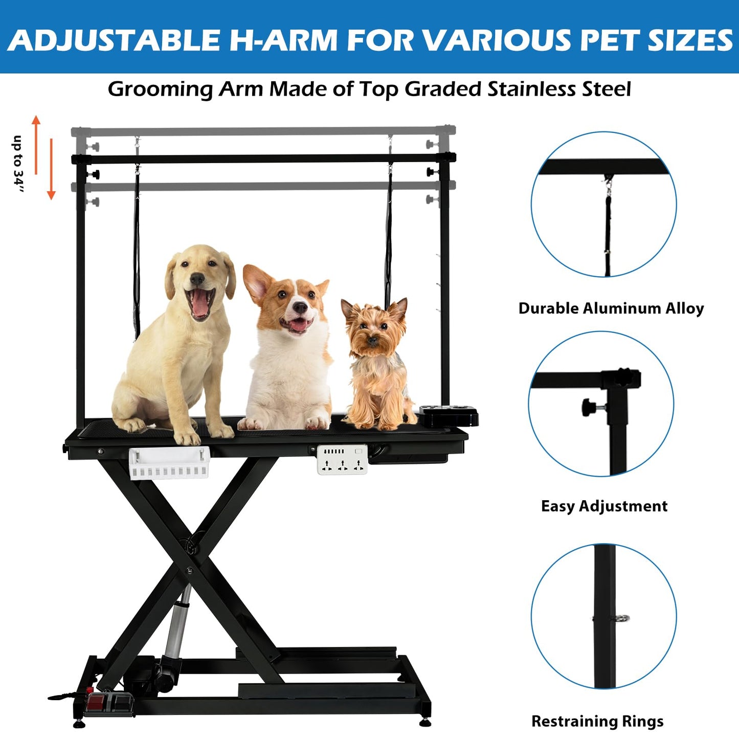 50 in Dog Grooming Table, Electric Hydraulic Grooming Table with Aluminium Overhead Arm, Anti Slip Tabletop, 6 USB Ports for Large Dogs At Home and Salon, Maximum Capacity Up to 300 LB, Black