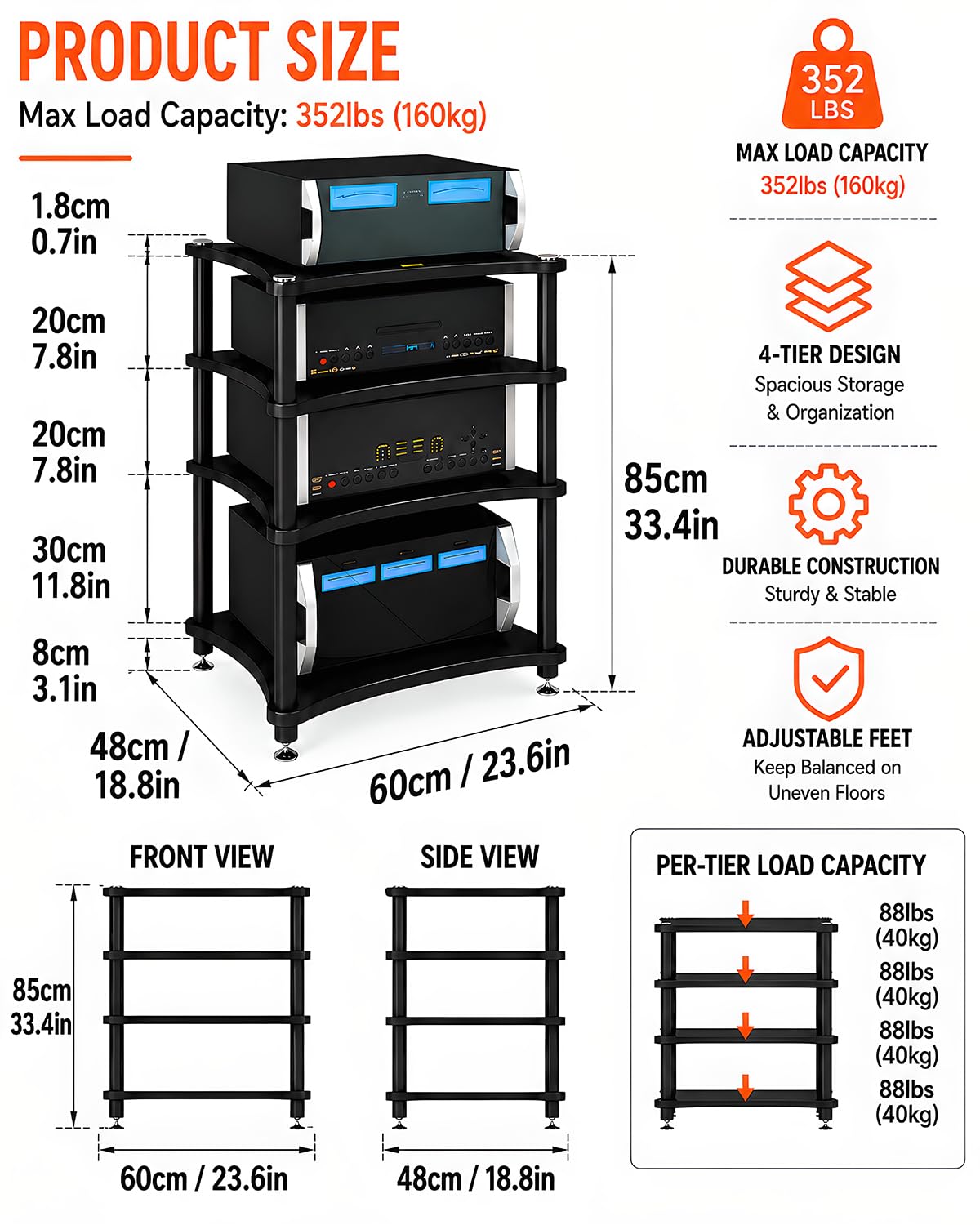 RAJYQODIS Heavy Duty Audio Component Rack, Large Storage Space AV Media Stand with Shock-Absorbing Foot pegs, Audio Rack Tower CD Player Stand for Home/Office/Audio Video/Theate (Teak, 4th)