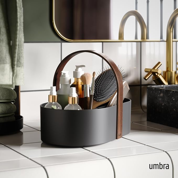 Umbra Bellwood Caddy, Organizer Bin for Makeup and Cosmetics, Durable Lightweight Container with Wooden Handle and Removable Dividers, Small Black/Walnut