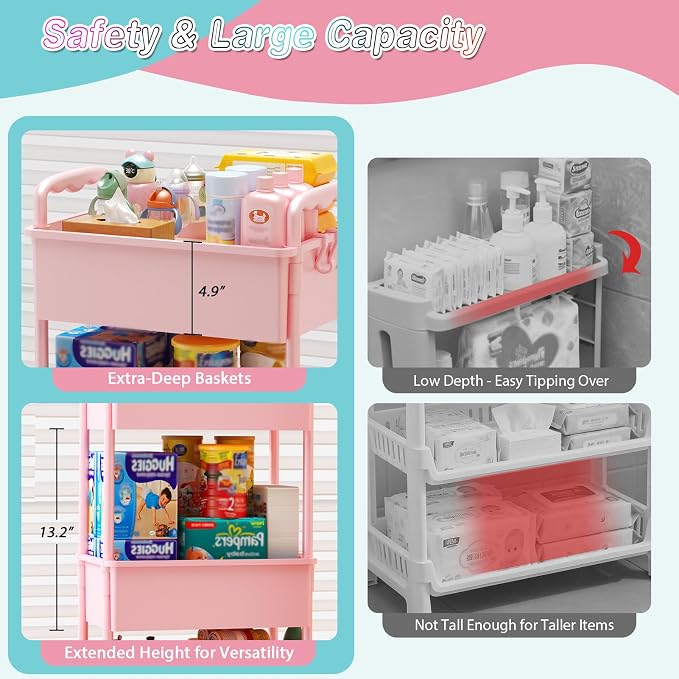 SUNALLY Baby Diaper Caddy Cart, 3 Tier Rolling Diaper Cart with Lockable Wheels for Nursery Essentials, Large Capacity & Easy Assemble Diaper Storage Organizer for Newborn,New Mom, Pink