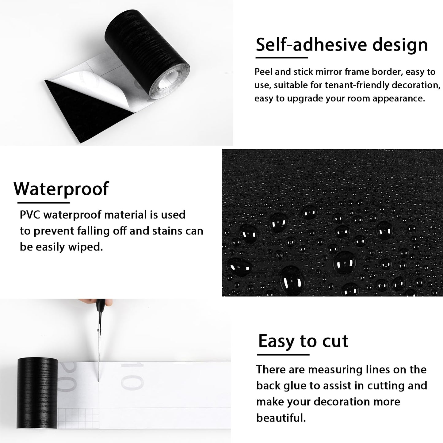 Alened 10M Black Wood Grain Mirror Frame Border Peel and Stick Wallpaper, Removable PVC Waterproof Bathroom Mirror Tape Sticker Trim, Kitchen Wallpaper Self Adhesive Decor Sticker 2" x 393"