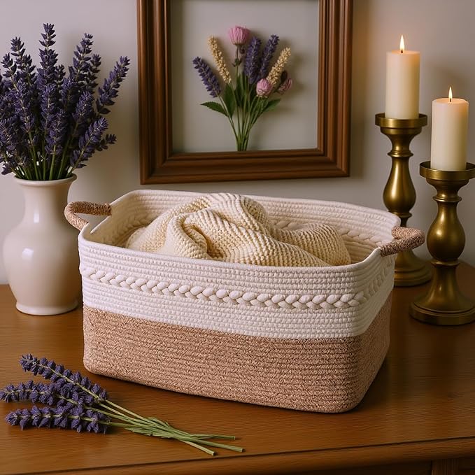 Decorative laundry basket with handles woven from natural cotton rope storage blankets for living room cute boho quilted gift baskets for clothes pillows toys 20"x14"x10",white/brown