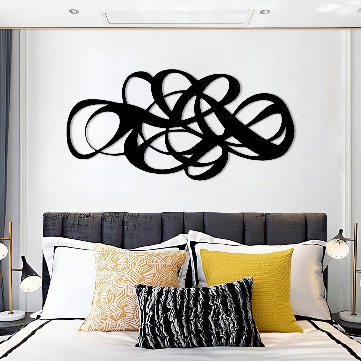 EUSTUGO Abstract Geometric Metal Wall Art, Geometrical Metal Wall Decor, Abstract Line Art, Minimalist Modern Luxury Wall Decor for Living Room, Bedroom, Bathroom (Silver, 35"x17"/90x44cm)