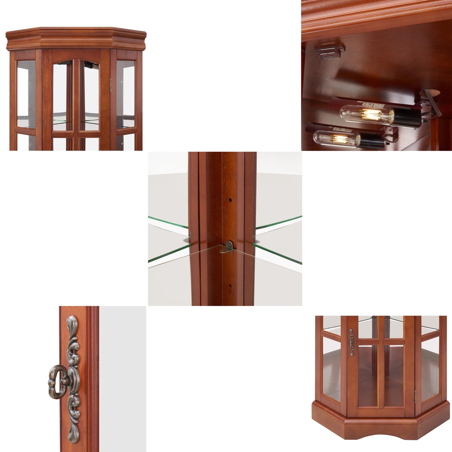 Corner Curio Cabinet with Lighting System, Adjustable Tempered Glass Shelves and Acrylic Mirror Back for Display, Compact Corner China Cabinet for Living Room (E26 Bulb Not Included) (Dark Walnut)