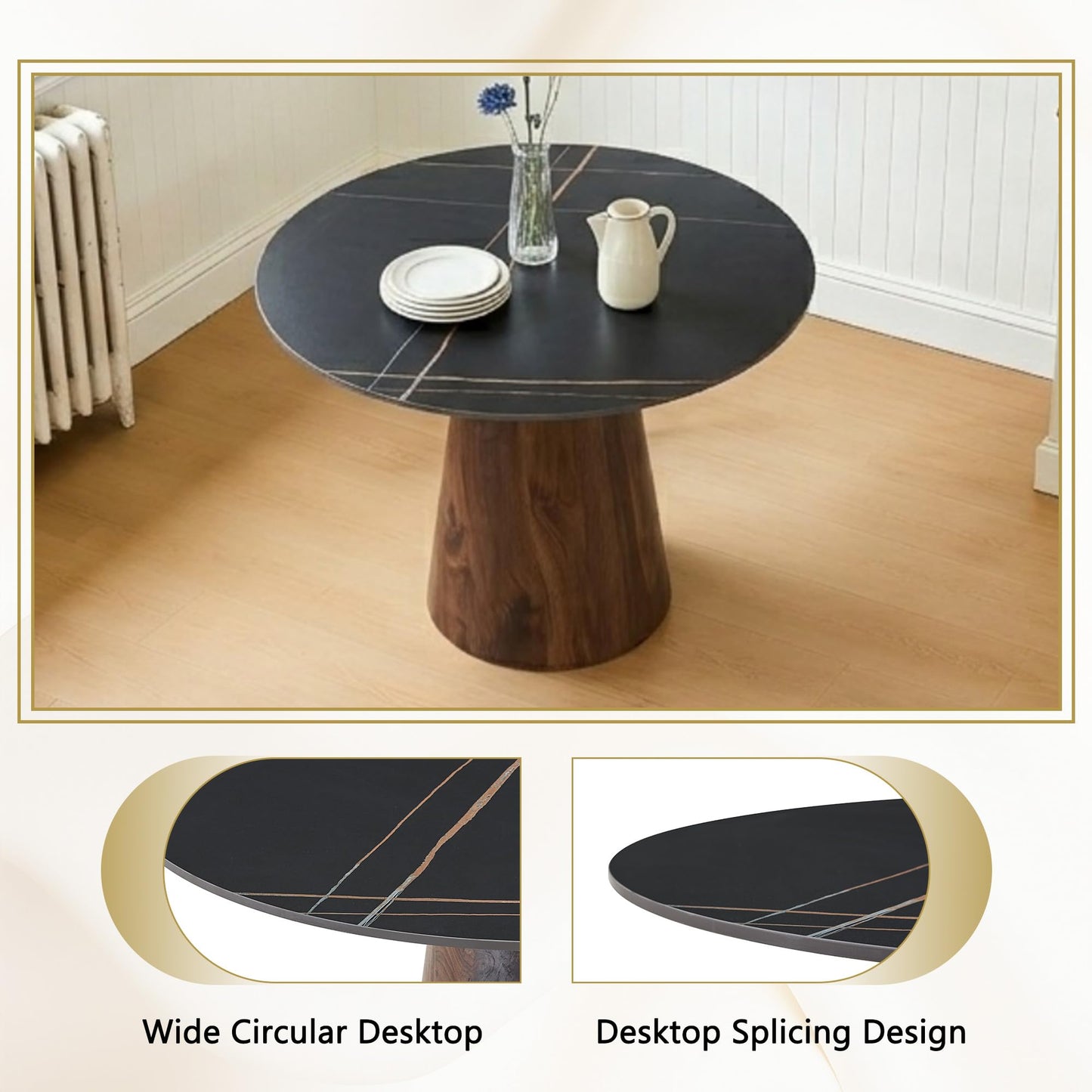 BAOPIN Round Dining Table for 4, 42 Inch Sintered Stone Dining Room Table, White and Black Small Kitchen Table with Stable Pedestal, Modern Marble Dining Table for Kitchen, Apartment, Restaurant