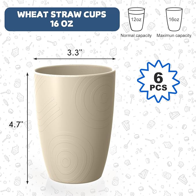 Unbreakable Wheat Straw Cups, Alternative to Plastic Cups Set 6 PCS, 16 OZ Drinking Cups Reusable, Dishwasher Safe Tumblers & Water Glasses for Kitchen RV Party Outdoor, Beige