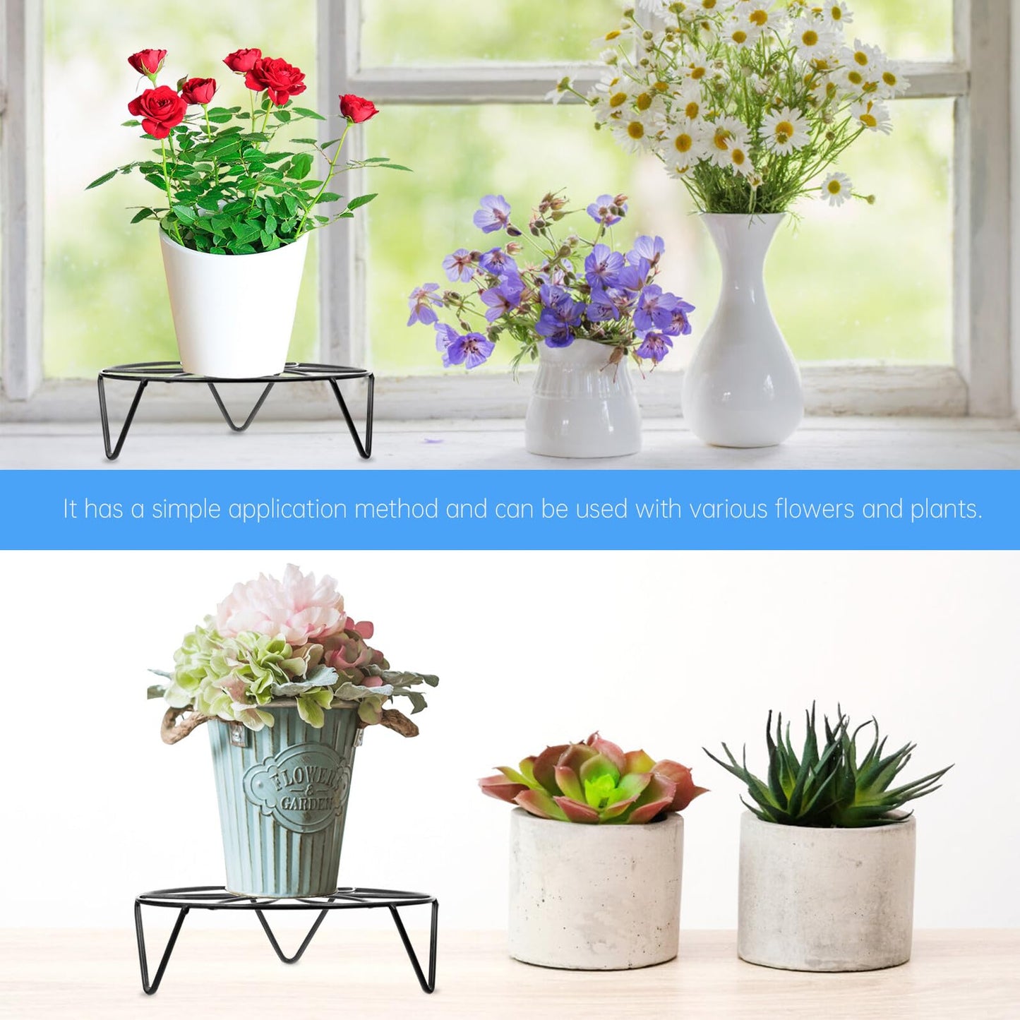 ARTIBETTER Iron Flower Stand and Plant Shelf for Indoor Outdoor Use, Black Metal Decorative Flowerpot Rack, Floor Balcony Garden Plant Holder, Heavy Duty Iron Flower Shelf