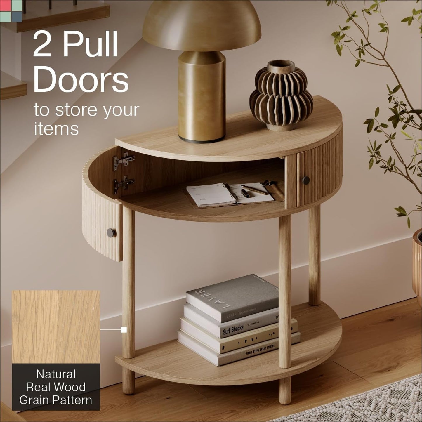 Stead Fluted Half Moon Shaped Console Table, Small Entry Desk, Living Room Furniture, Modern Home Decor, Solid Wood Entryway Table with Two Doors and Black Knobs (Natural Oak)