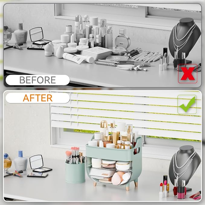 Yieach Green Make up Organizers for Counter,Vanity and Dresser,Bathroom Makeup Organizer Countertop,Large Makeup Storage Organizer for Hair Tool,Beauty Products,Skin Care and Cosmetic Display Cases