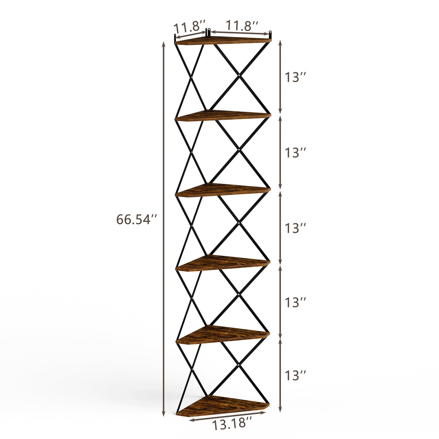 IRCPEN 6 Tier Wall Mounted Corner Shelf Stand, Industrial Corner Bookshelf with X Metal Frame, Tall Standing Shelf Organizer, Bookcase, Plant Stand for Living Room, Bedroom Rustic Brown CS-006RB