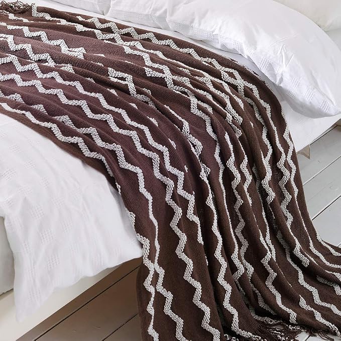BOURINA Fluffy Chenille Knitted Fringe Throw Blanket Lightweight Soft Cozy for Bed Sofa Chair Throw Blankets, Brown 60"x80"