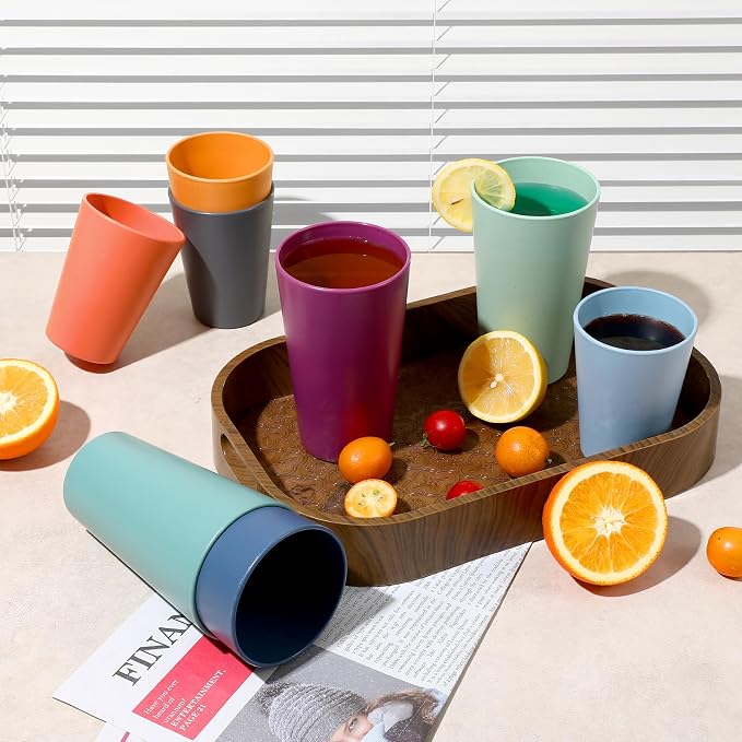 HEYCOME Set of 16 Wheat Straw Cups, 16 Pcs 20 oz Unbreakable Drinking Cups, Reusable Plastic Cups Sets, Water Glasses Tumblers, Microwave & Dishwasher Safe, Bpa Free, 4 Colors