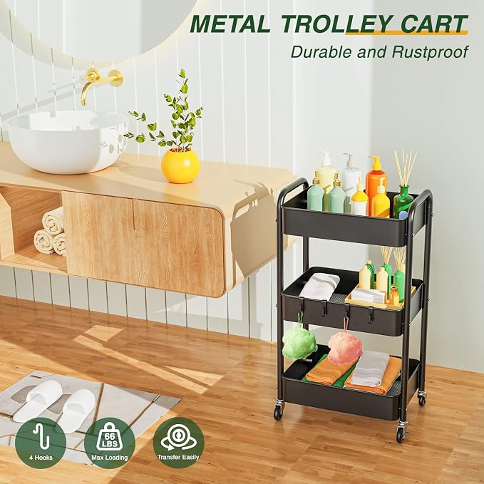 LEHOM 3 Tier Rolling Cart, Metal Rolling Utility Cart with Lockable Wheels & Hooks, Multi-Functional Heavy Duty Storage Cart Organizer for Bathroom, Kitchen, Office, Living Room