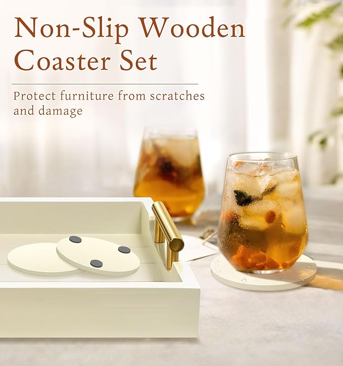 SXNOWS Ottoman Tray for Coffee Table & Couch, Large Wooden Serving Tray with 2 Set of Handles - Modern Farmhouse Rectangle Decorative Tray for Living Room Kitchen Includes 4 Coasters, Off-White/Cream