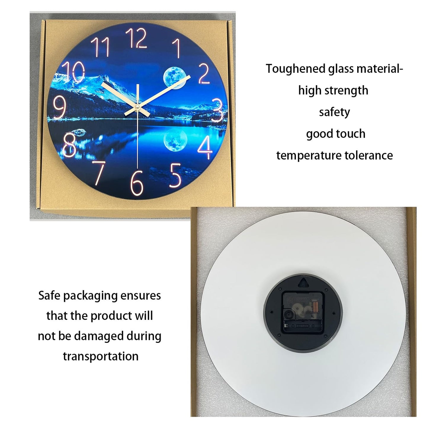 Constantplanet Blue Wall Clock for Bedroom 12 Inch Natural Landscape Round Analog Clock Battery Operated Moon Wall Clock Non Ticking