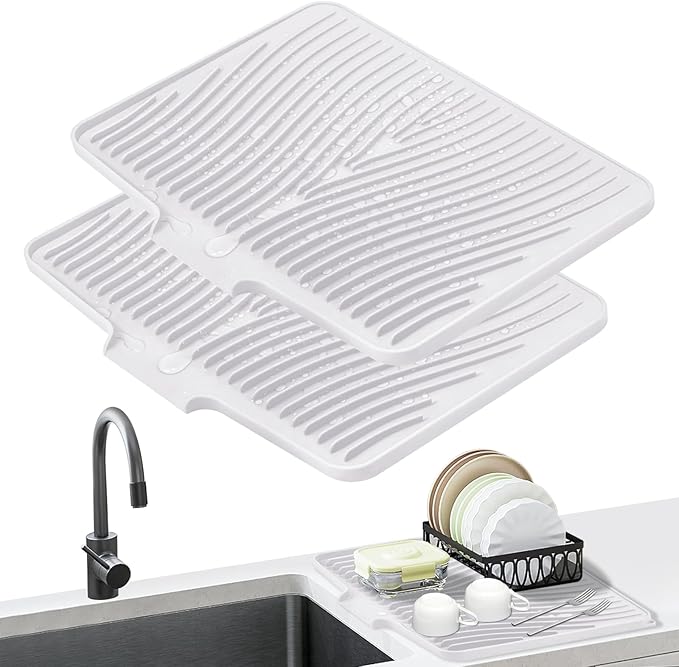 TIKNIK Silicone Dish Drying Mat for Kitchen Counter - Heat Resistant & Non-Slip Dish Drain Pad with Built-In Drain, Dishwasher Safe, Quick-Dry, Hangable & Roll-Up for Storage, White-2pcs, 20" x 15"