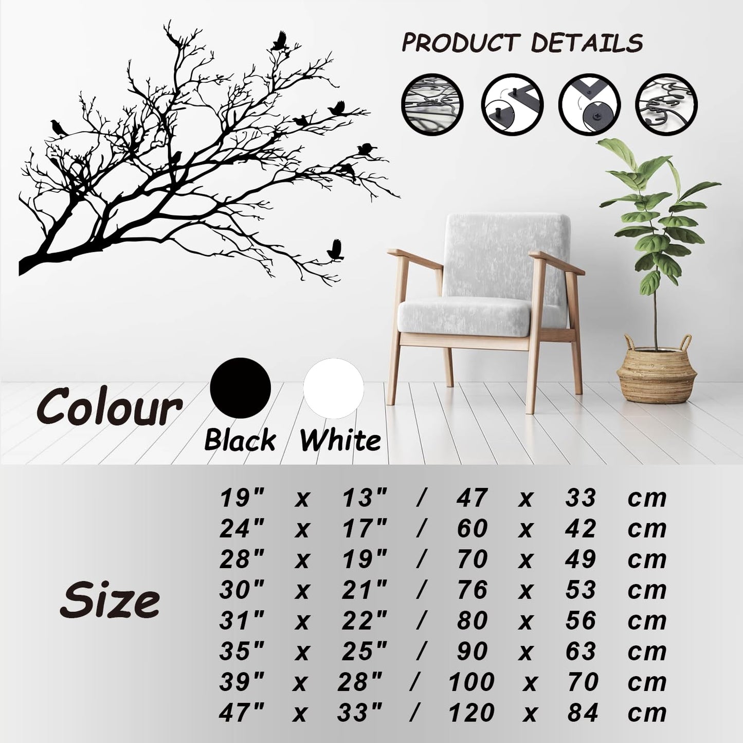 XXQ Branch and Birds Metal Wall Art – Flying Birds on Tree Branch Silhouette, Black & White Finishes, Nature Inspired Wall Decor for Living Room, Bedroom, or Hallway (White, 31" x 22" / 80 x 56 cm)