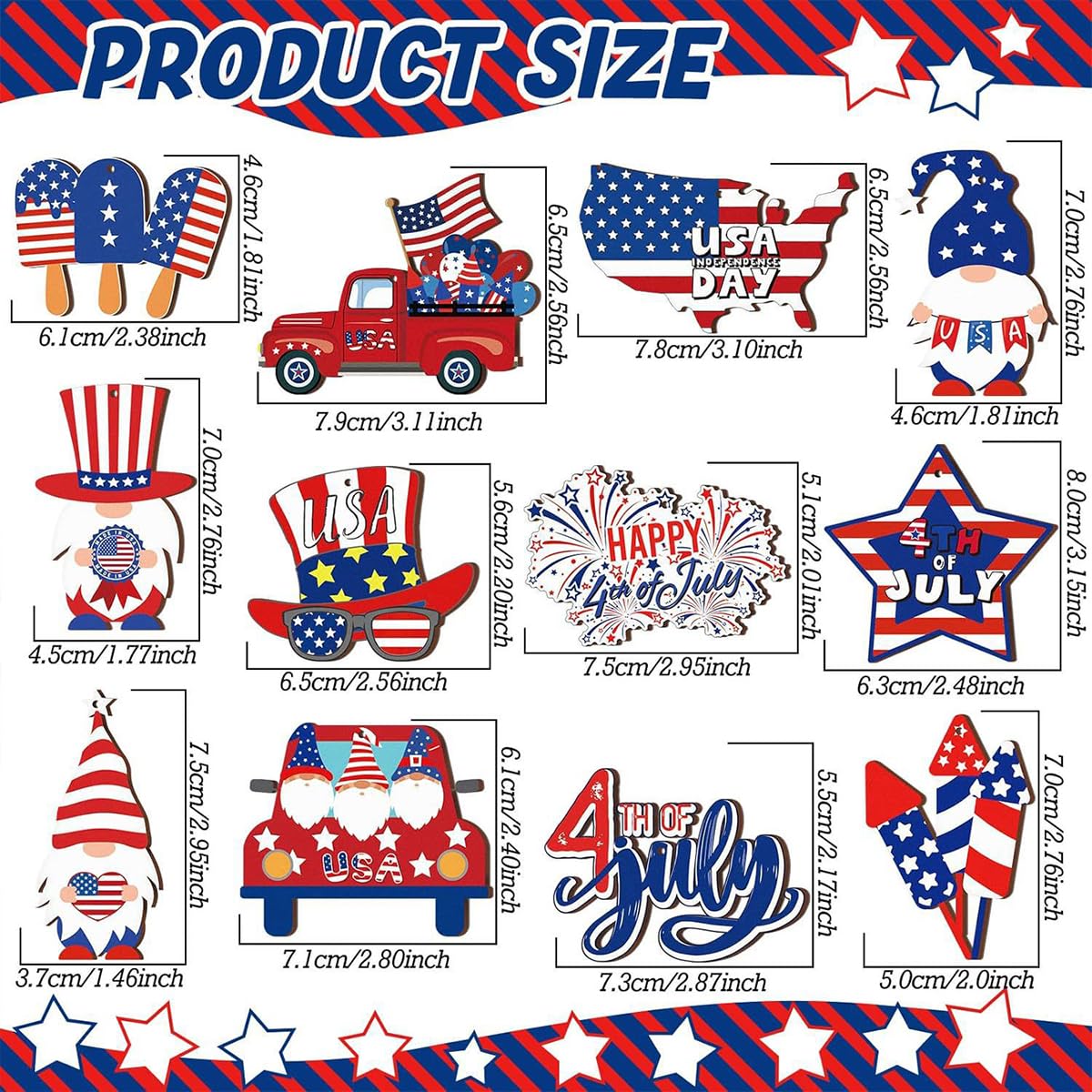 12pcs 4th of July Ornaments for Tree with Ropes Patriotic USA Flag Hanging Decorations Independence Day Wooden Hanging Decor Red White Blue Patriotic Christmas Tree for Summer Party Home Supplies