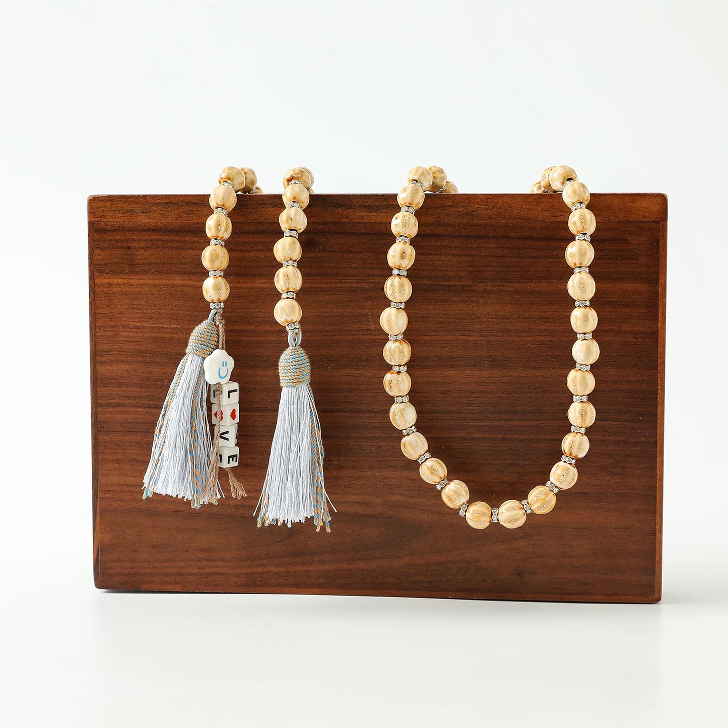 50in Handcrafted Ceramics Beads Garland with Tassels Farmhouse Rustic Ceramic Prayer Bead String Wall Hanging Accent for Boho Home Festival Decor Beige Bead
