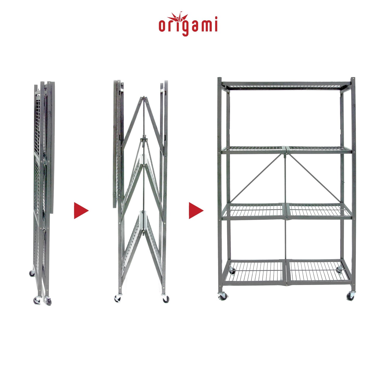 Origami R5 4-Shelf Heavy-Duty Folding Storage Rack, Pewter - Large Foldable Metal Shelving Unit with Wheels for Garage, Pantry, Basement, Laundry Room or Warehouse
