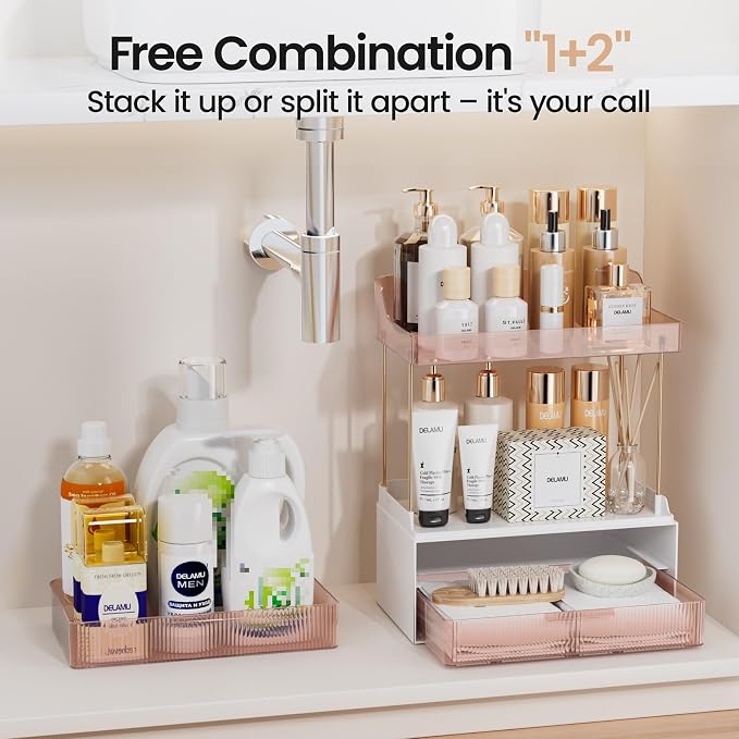 Delamu Bathroom Organizers and Storage, 2 Tier 2 Drawer Makeup Organizer Countertop, Easy to Install, Ideal for Bathroom Counter, Vanity, Ideal Gifts for Women Girls, Grapefruit