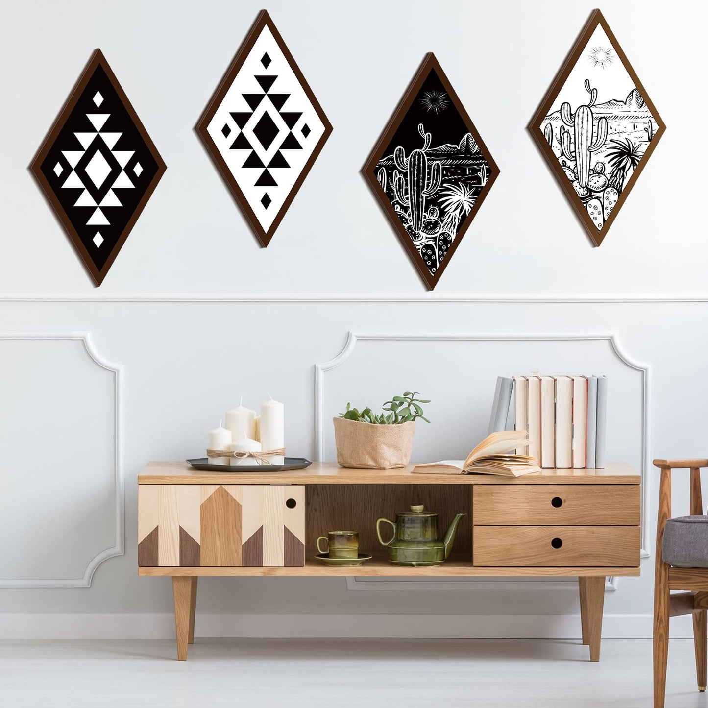 Ferraycle 4 Pcs Boho Cactus Wall Decor Aztec Wall Art Cactus Desert Western Farmhouse Home Decor Wooden Geometric Diamond Hanging Frame VBS(6.7 x 11.8 Inch)