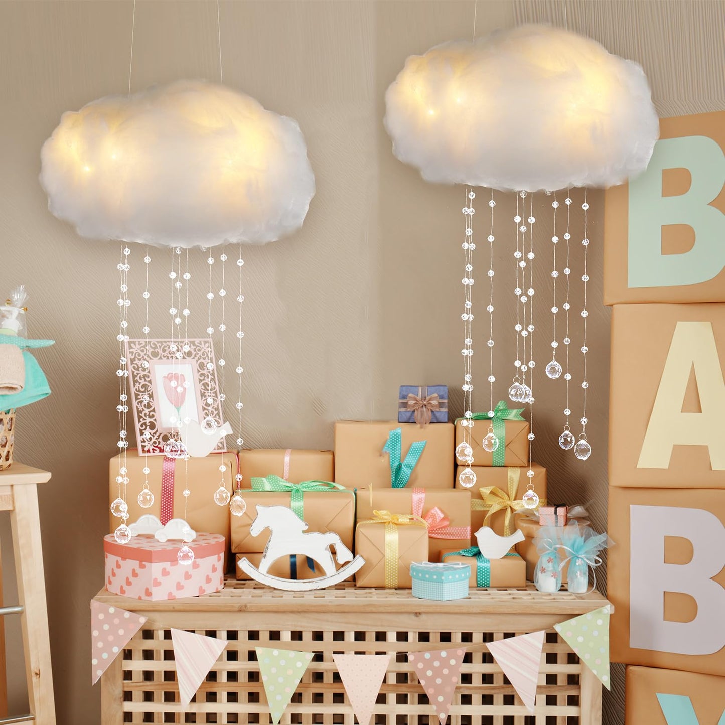 Marsui Artificial Cloud Props LED Hanging Cloud Light String Fake Imitation 3D Cotton Classroom School Decor Raindrop for Room Ceiling Baby Shower Party Wedding Nursery Classroom Wall DIY Decor(2 Pcs)