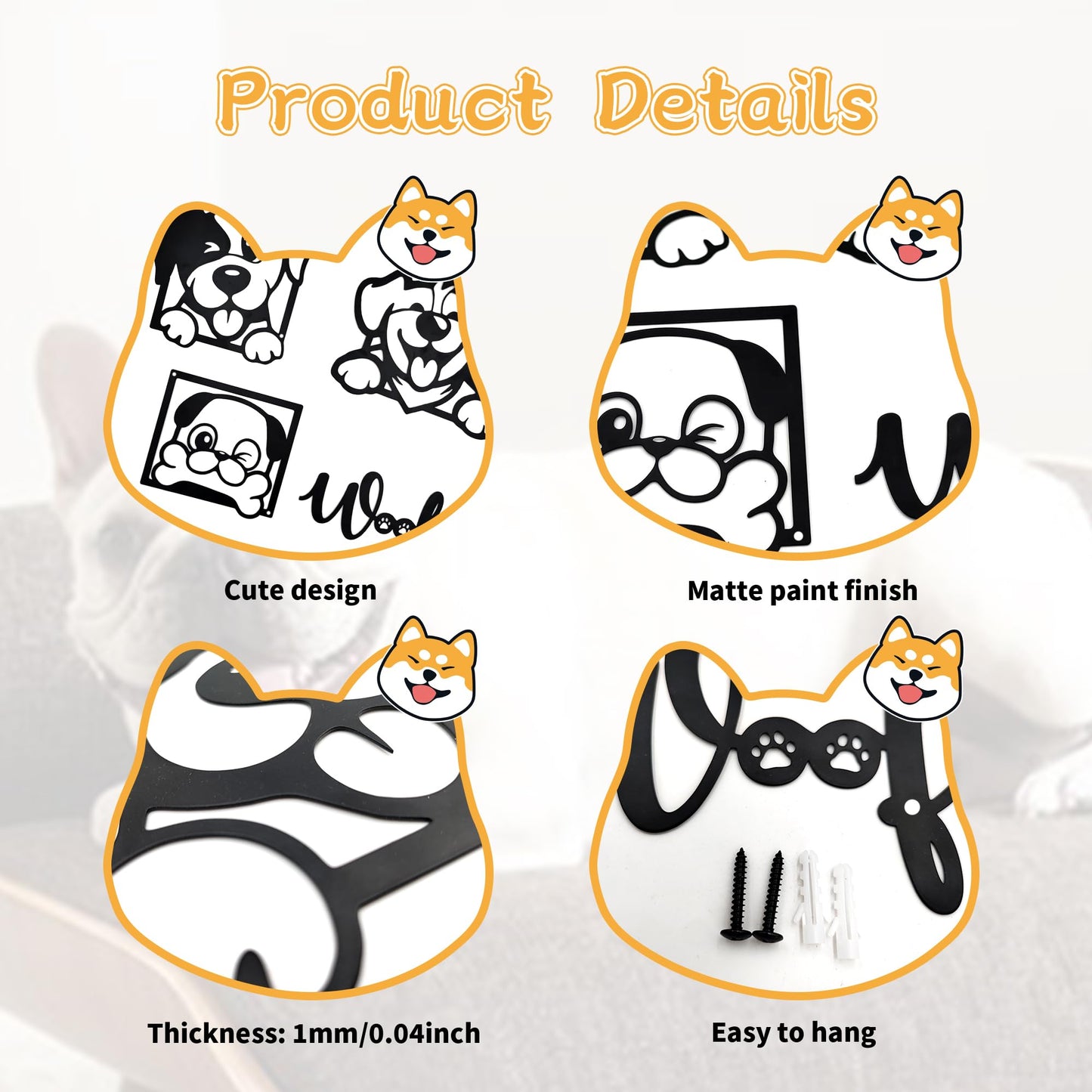 Rajukit 4-Piece Cartoon Metal Dog Wall Art Set, Dog Lover Gift for Indoor Home Décor, Playful Woof Design for Living Room, Bedroom, Office & Kitchen