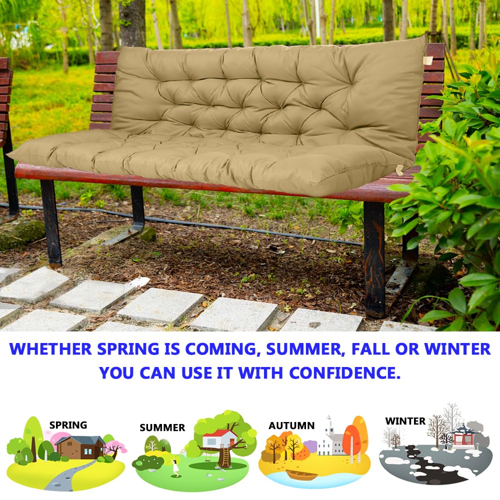 VKETU Porch Swing Cushions, Three Seat Swing Replacement Cushions Outdoor Bench Cushion with Ties Backrest Folding Waterproof Bench Cushion for Outdoor Patio Cushion (Beige, 60 x 40 in)