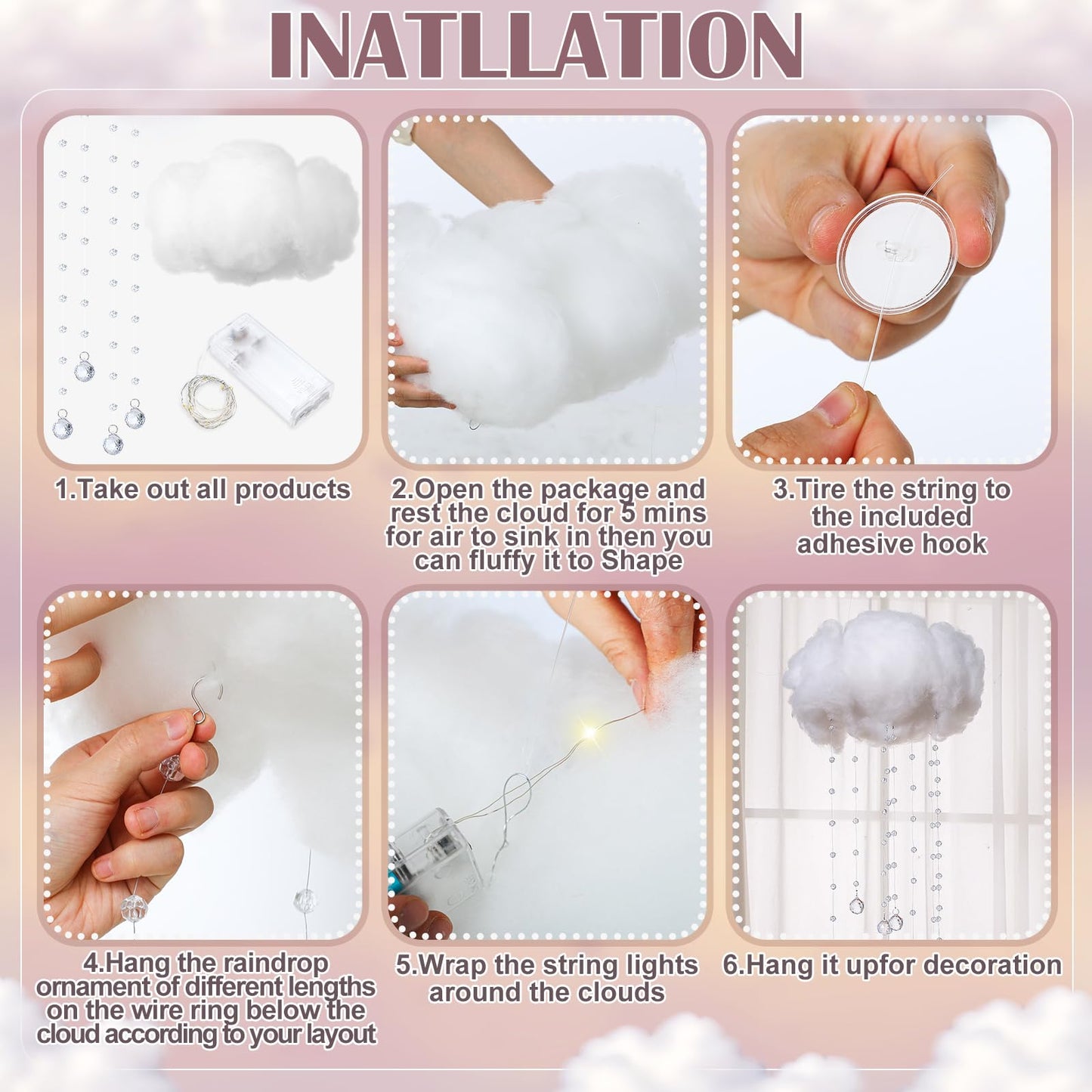 Marsui Artificial Cloud Props LED Hanging Cloud Light String Fake Imitation 3D Cotton Classroom School Decor Raindrop for Room Ceiling Baby Shower Party Wedding Nursery Classroom Wall DIY Decor(2 Pcs)