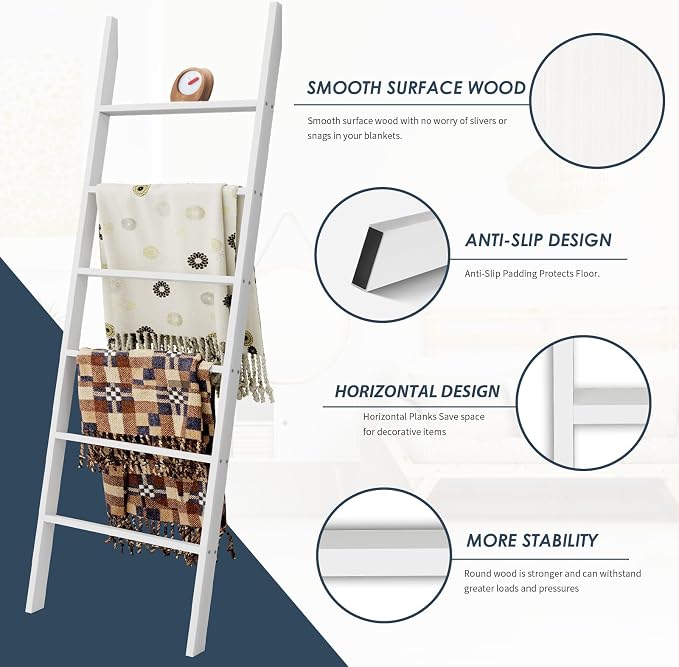Delywh Wood Blanket Ladder, 57.5'' Rustic Towel Quilt Throw Blanket Ladders for The Living Room, Bedroom, Nursery Stand Holder, Wooden Decorative Ladder for Blankets Rack Farmhouse Home Decor, White