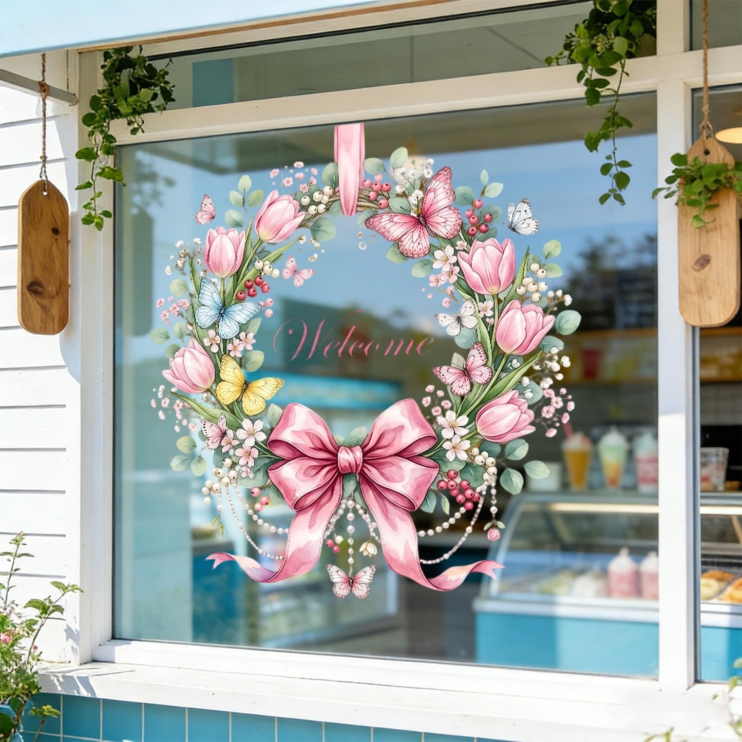 Summer Bow Welcome Window Clings Pink Tulip Flower Window Stickers with Butterfly Daisy Design Static Window Decals Easy to Clean Spring Glass Decals for Home Spring Theme Party Decor 1 Pcs