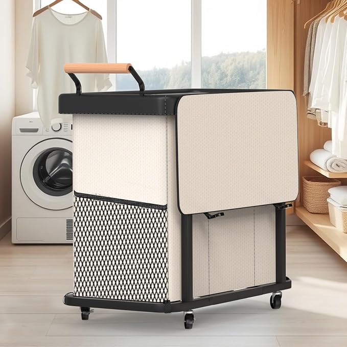 Rolling Laundry Hamper with Wheels, Laundry Hamper 3 Section with Lid, Laundry Basket with Rolling Lockable Wheels and Handle, Laundry Basket Organizer for Laundry Room, Bedroom 230L Beige