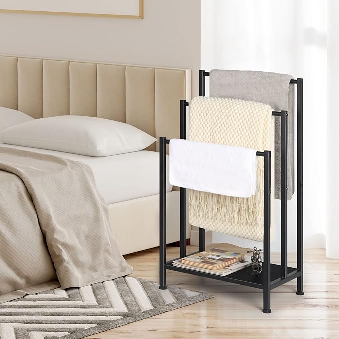 Freestanding Towel Rack for Bathroom, Black Standing Towel Rack Bath Towel Holder Stand Floor 3 Tier Blanket Rack Outdoor Towel Rack Standing Metal Blanket Ladders for The Living Room