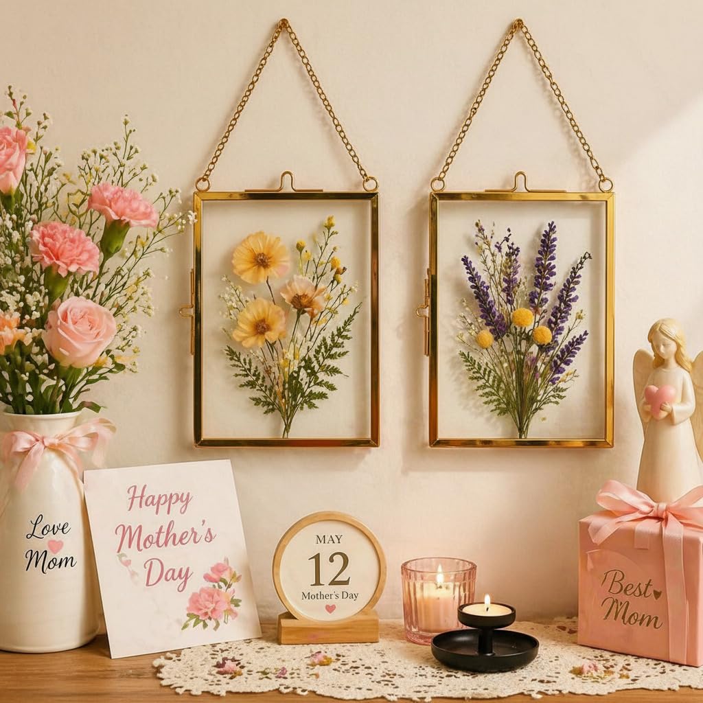 WHYTOOPY Pressed Flower Frames with Tweezers,Wall Hanging Double Glass Frames 2x3 with Metal Chain for Dried Flowers Plants,Floating Photo Frame for Display Gallery Artwork,Golden, 4 Pack